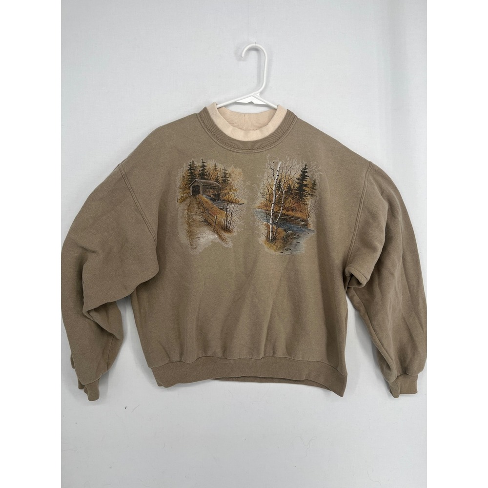 Jerzees NuBlend Sweatshirt Medium Tan Nature Graphic Covered Bridge Forest Brown